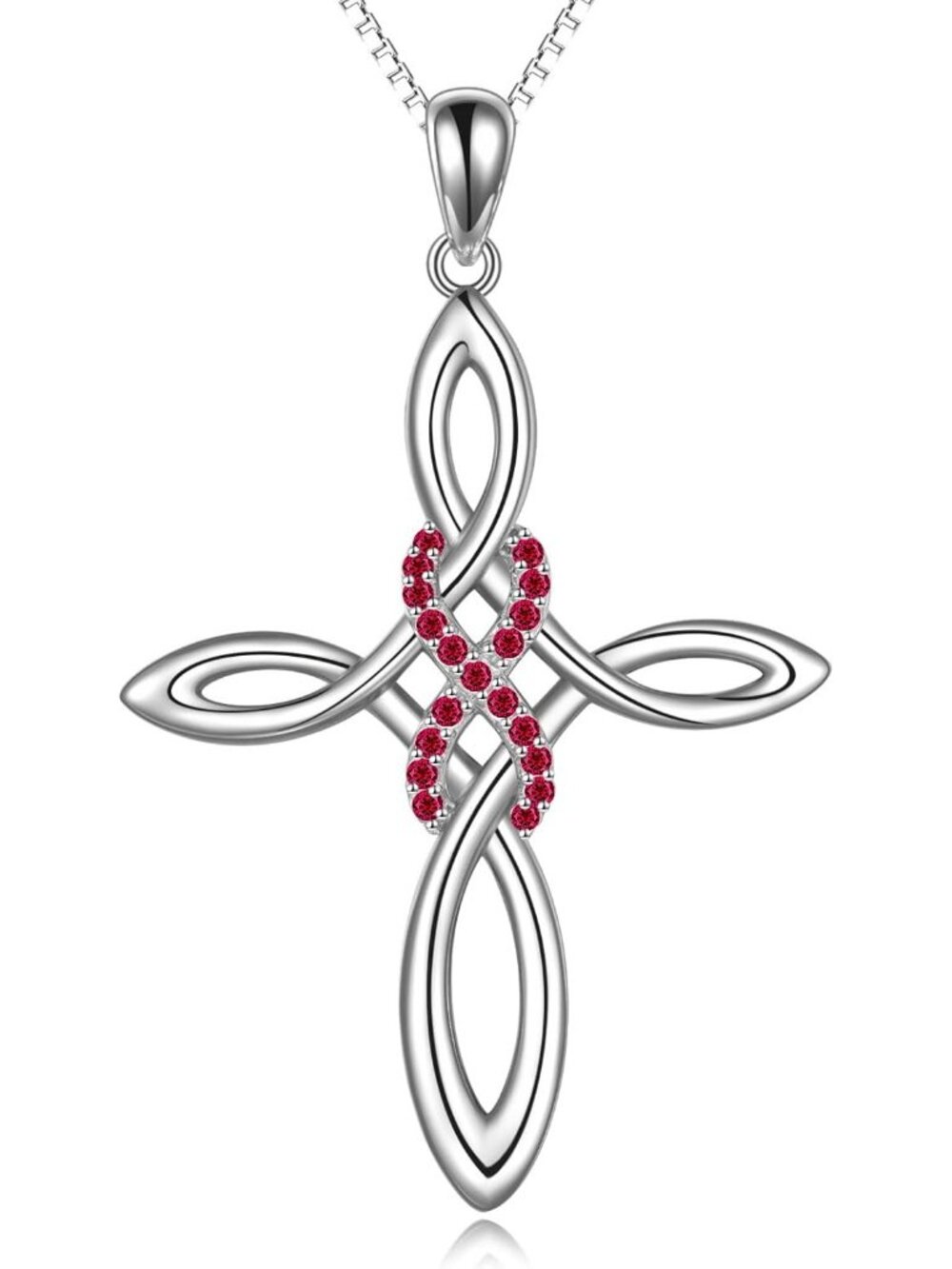 Women's Red Celtic Knot Cross Sterling Birthstone Polished Infinity Necklace